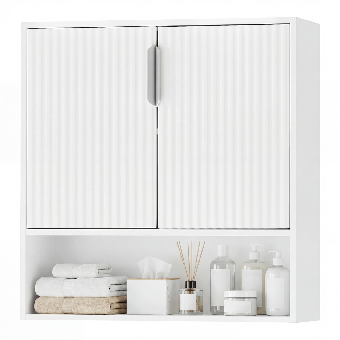 Bathroom Wall Cabinet, 2 Fluted Doors, Open Cube, Adjustable Shelf, White Wall Cabinets White at Gallery Canada