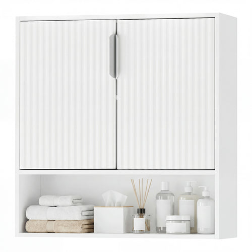 Bathroom Wall Cabinet, 2 Fluted Doors, Open Cube, Adjustable Shelf, White