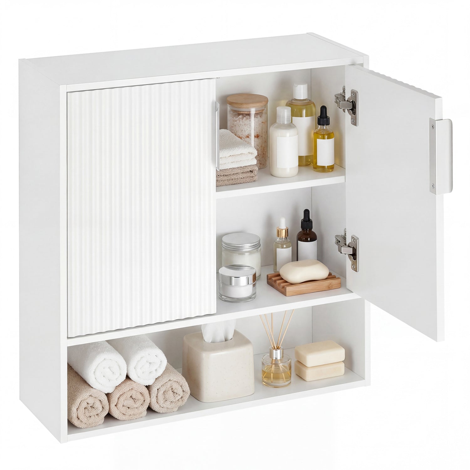 Bathroom Wall Cabinet, 2 Fluted Doors, Open Cube, Adjustable Shelf, White Wall Cabinets at Gallery Canada