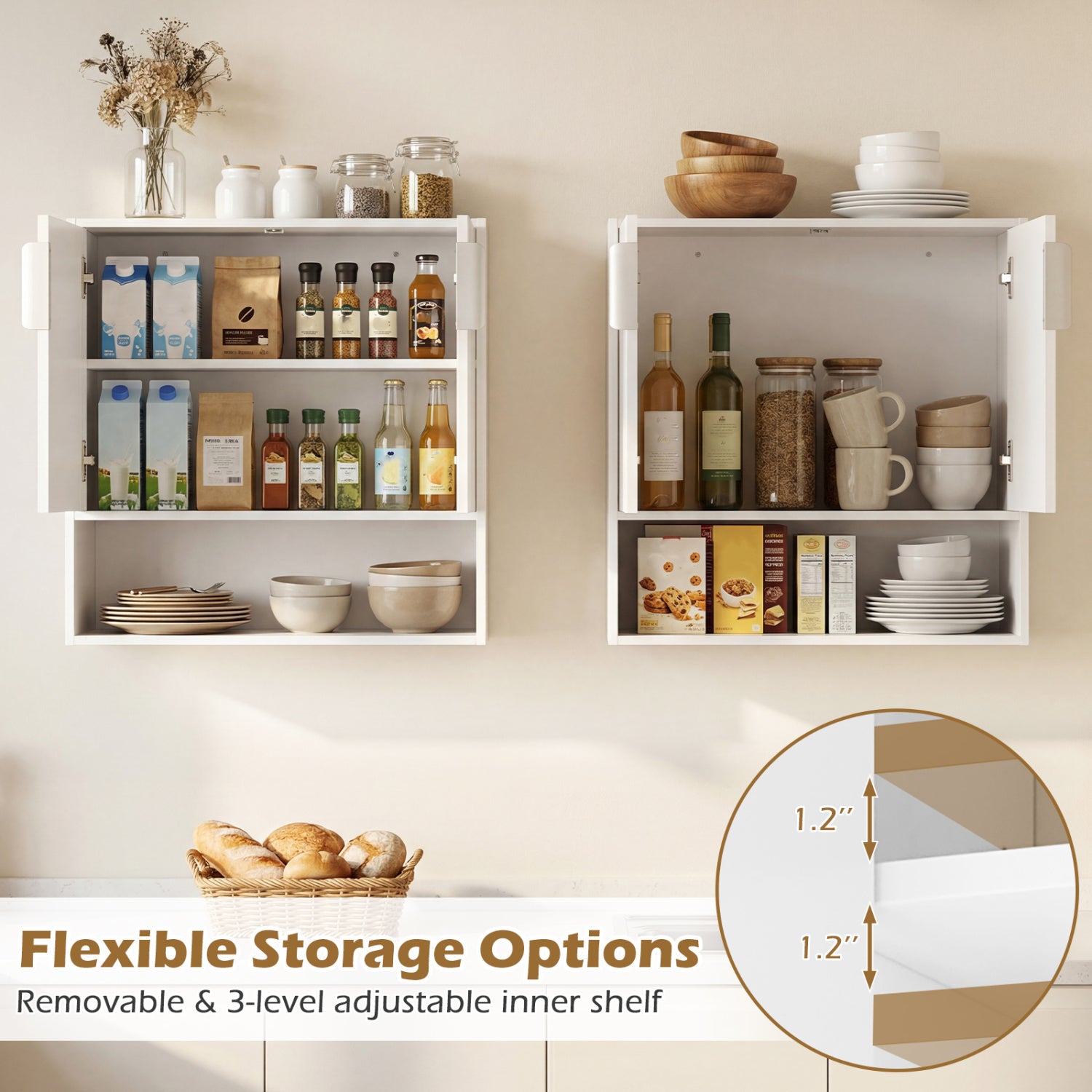 Bathroom Wall Cabinet, 2 Fluted Doors, Open Cube, Adjustable Shelf, White Wall Cabinets at Gallery Canada
