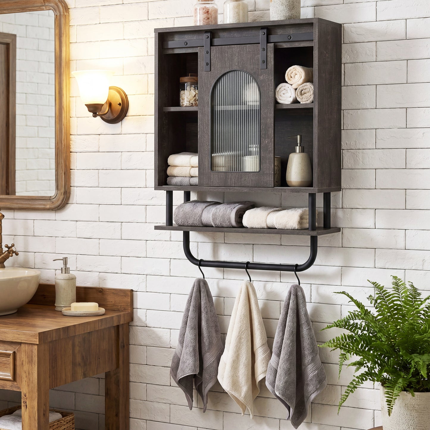 Bathroom Wall Cabinet, Sliding Barn Door, Metal Hanging Bar, 3 Hooks, Black Wall Cabinets at Gallery Canada