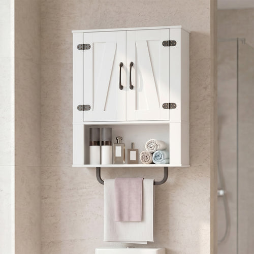 Bathroom Wall Cabinet with 2 Barn Doors and Towel Bar and 3-Tier Wooden Storage, White
