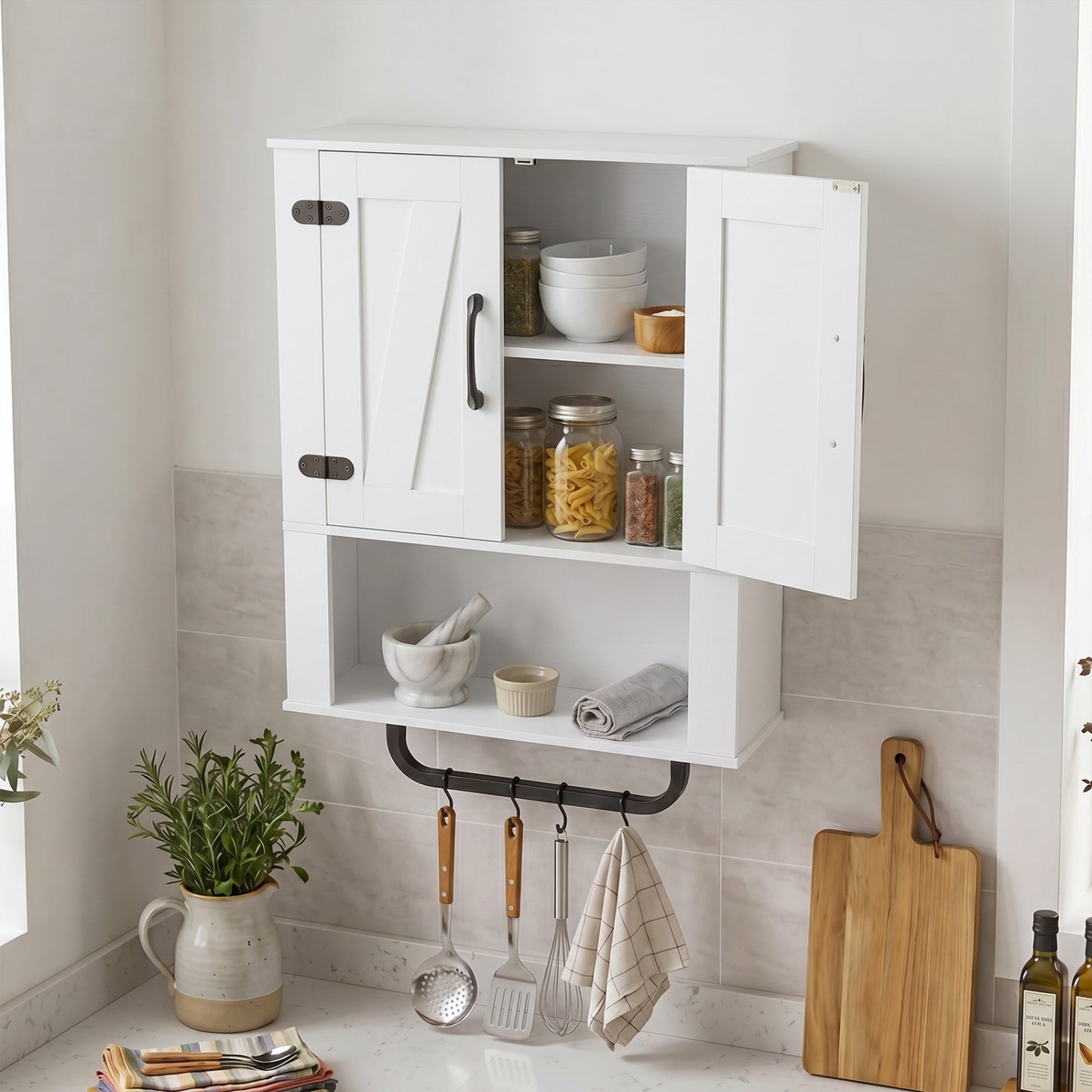 Bathroom Wall Cabinet with 2 Barn Doors and Towel Bar and 3-Tier Wooden Storage, White Wall Cabinets at Gallery Canada