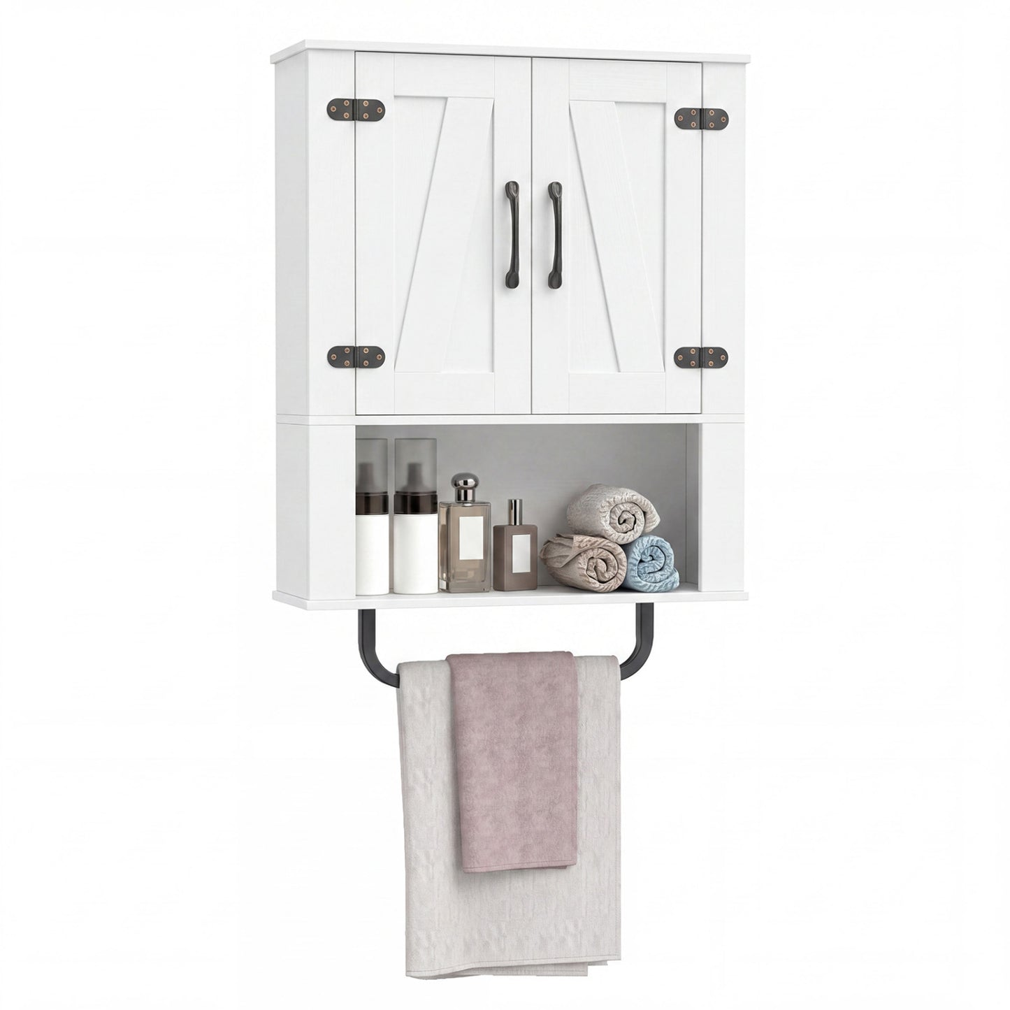 Bathroom Wall Cabinet with 2 Barn Doors and Towel Bar and 3-Tier Wooden Storage, White Wall Cabinets White at Gallery Canada