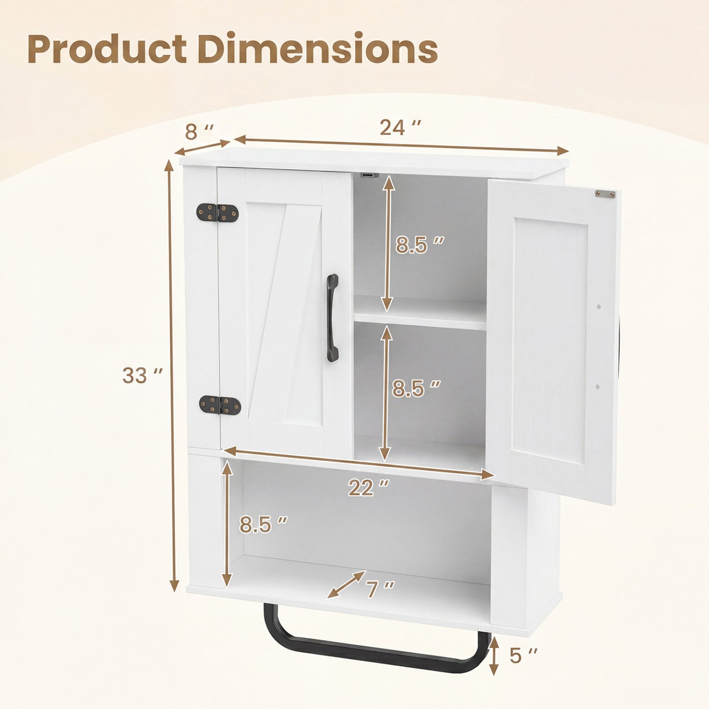 Bathroom Wall Cabinet with 2 Barn Doors and Towel Bar and 3-Tier Wooden Storage, White Wall Cabinets at Gallery Canada