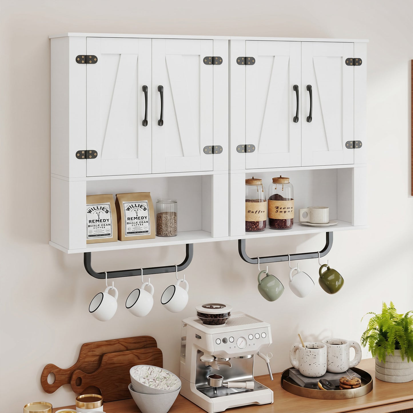 Bathroom Wall Cabinet with 2 Barn Doors and Towel Bar and 3-Tier Wooden Storage, White Wall Cabinets at Gallery Canada