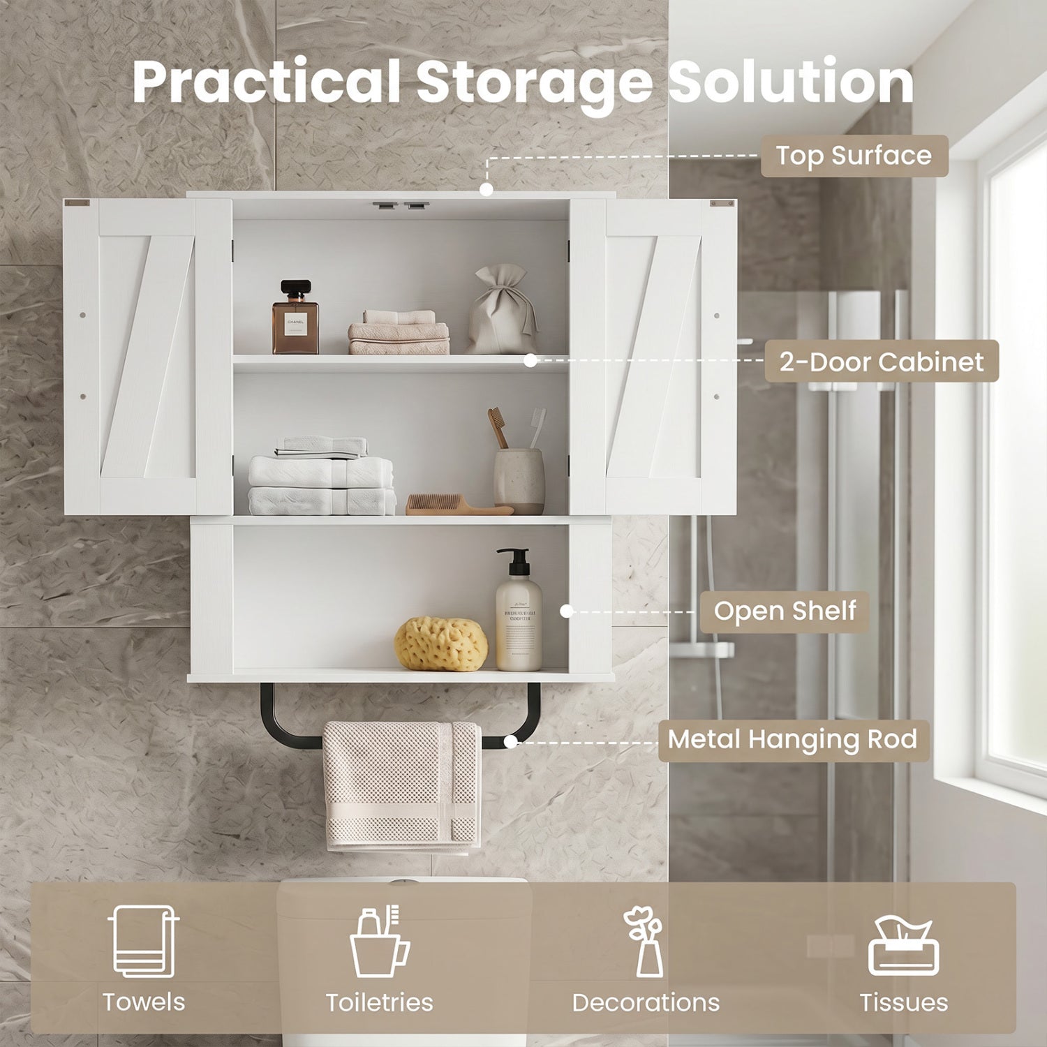 Bathroom Wall Cabinet with 2 Barn Doors and Towel Bar and 3-Tier Wooden Storage, White Wall Cabinets at Gallery Canada