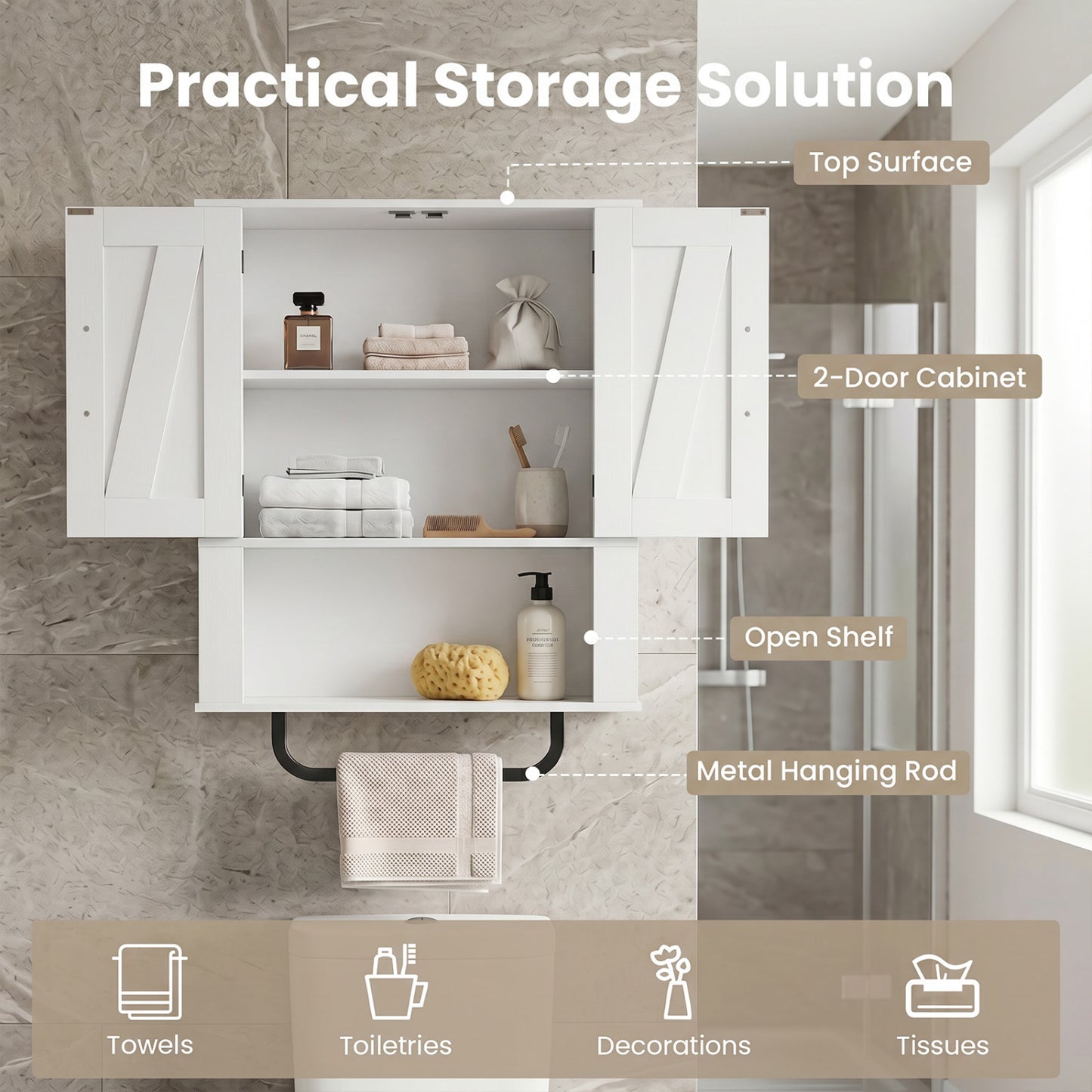 Bathroom Wall Cabinet with 2 Barn Doors and Towel Bar and 3-Tier Wooden Storage, White Wall Cabinets at Gallery Canada