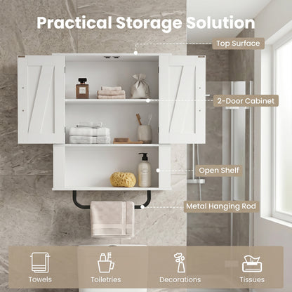 Bathroom Wall Cabinet with 2 Barn Doors and Towel Bar and 3-Tier Wooden Storage, White Wall Cabinets at Gallery Canada