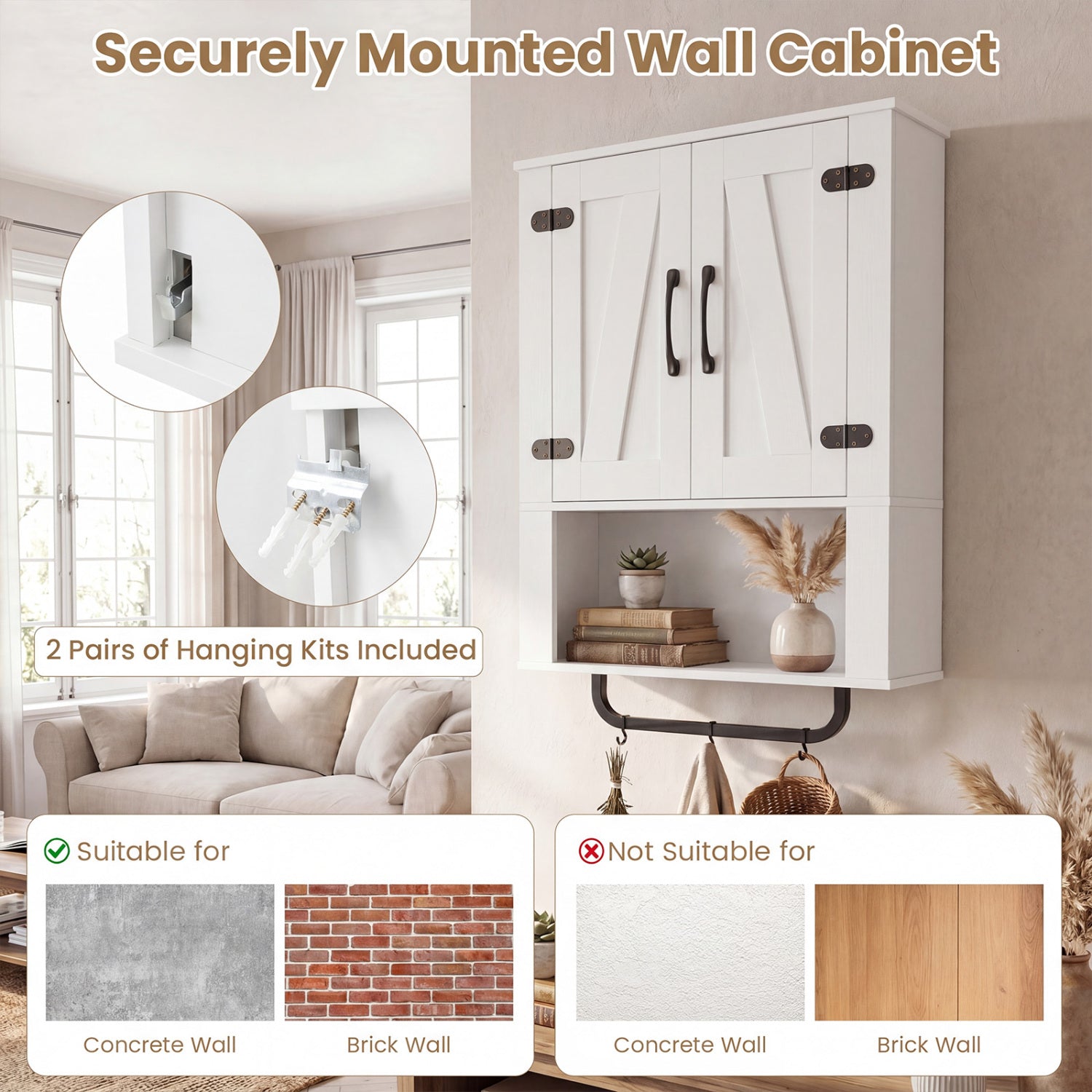 Bathroom Wall Cabinet with 2 Barn Doors and Towel Bar and 3-Tier Wooden Storage, White Wall Cabinets at Gallery Canada