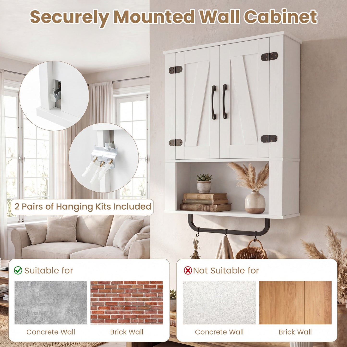 Bathroom Wall Cabinet with 2 Barn Doors and Towel Bar and 3-Tier Wooden Storage, White Wall Cabinets at Gallery Canada