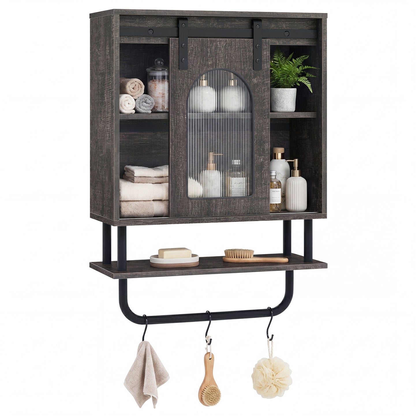 Bathroom Wall Cabinet, Sliding Barn Door, Metal Hanging Bar, 3 Hooks, Black Wall Cabinets at Gallery Canada