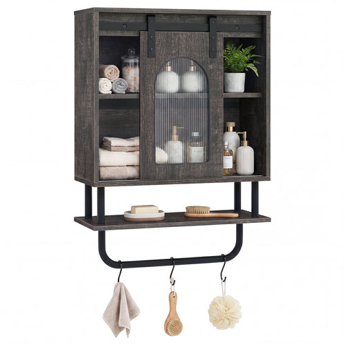 Bathroom Wall Cabinet, Sliding Barn Door, Metal Hanging Bar, 3 Hooks, Black