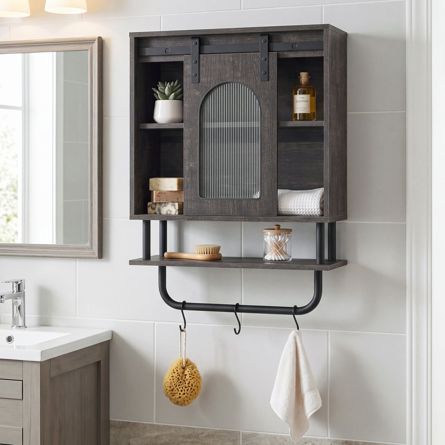 Bathroom Wall Cabinet, Sliding Barn Door, Metal Hanging Bar, 3 Hooks, Black Wall Cabinets at Gallery Canada