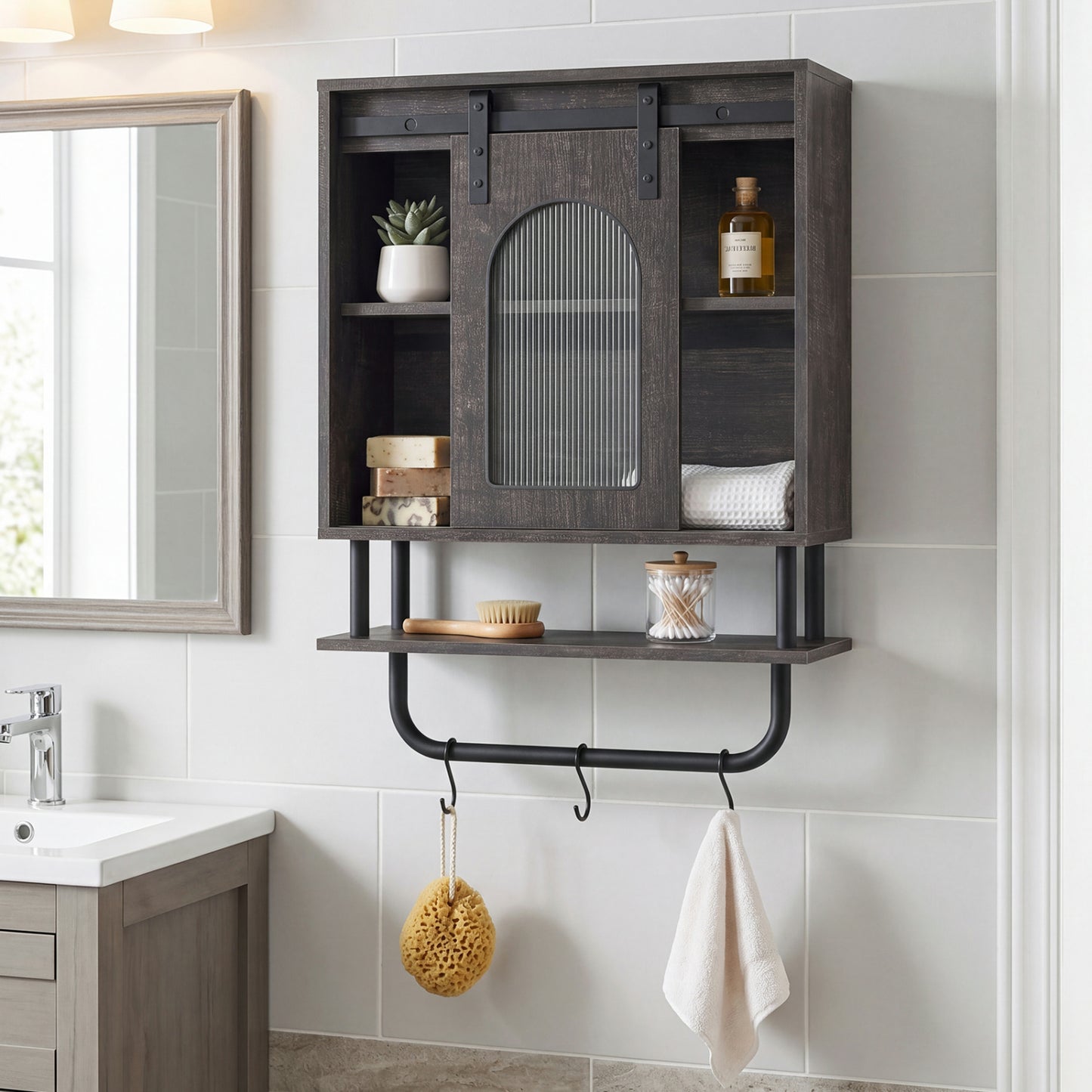 Bathroom Wall Cabinet, Sliding Barn Door, Metal Hanging Bar, 3 Hooks, Black Wall Cabinets at Gallery Canada
