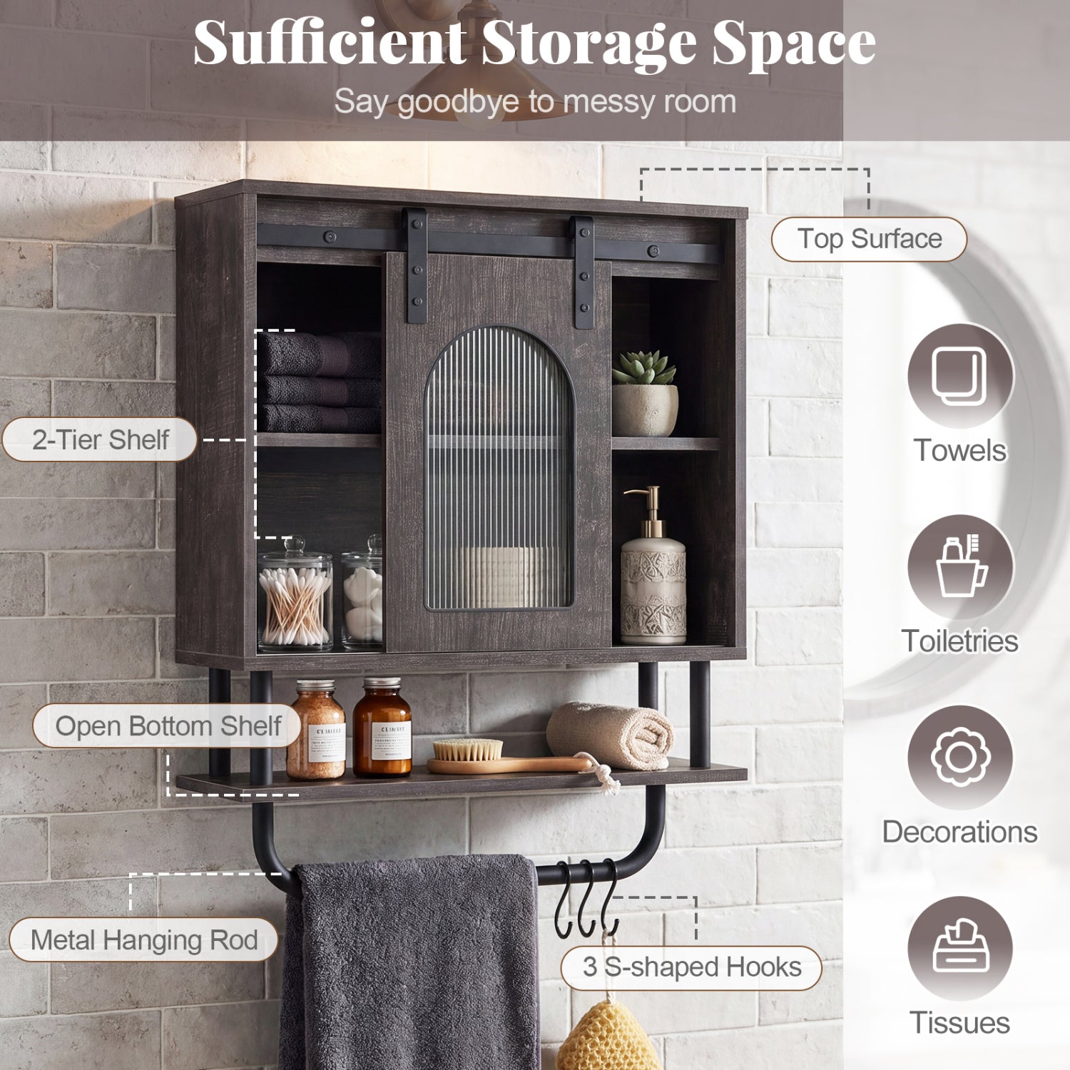 Bathroom Wall Cabinet, Sliding Barn Door, Metal Hanging Bar, 3 Hooks, Black Wall Cabinets at Gallery Canada