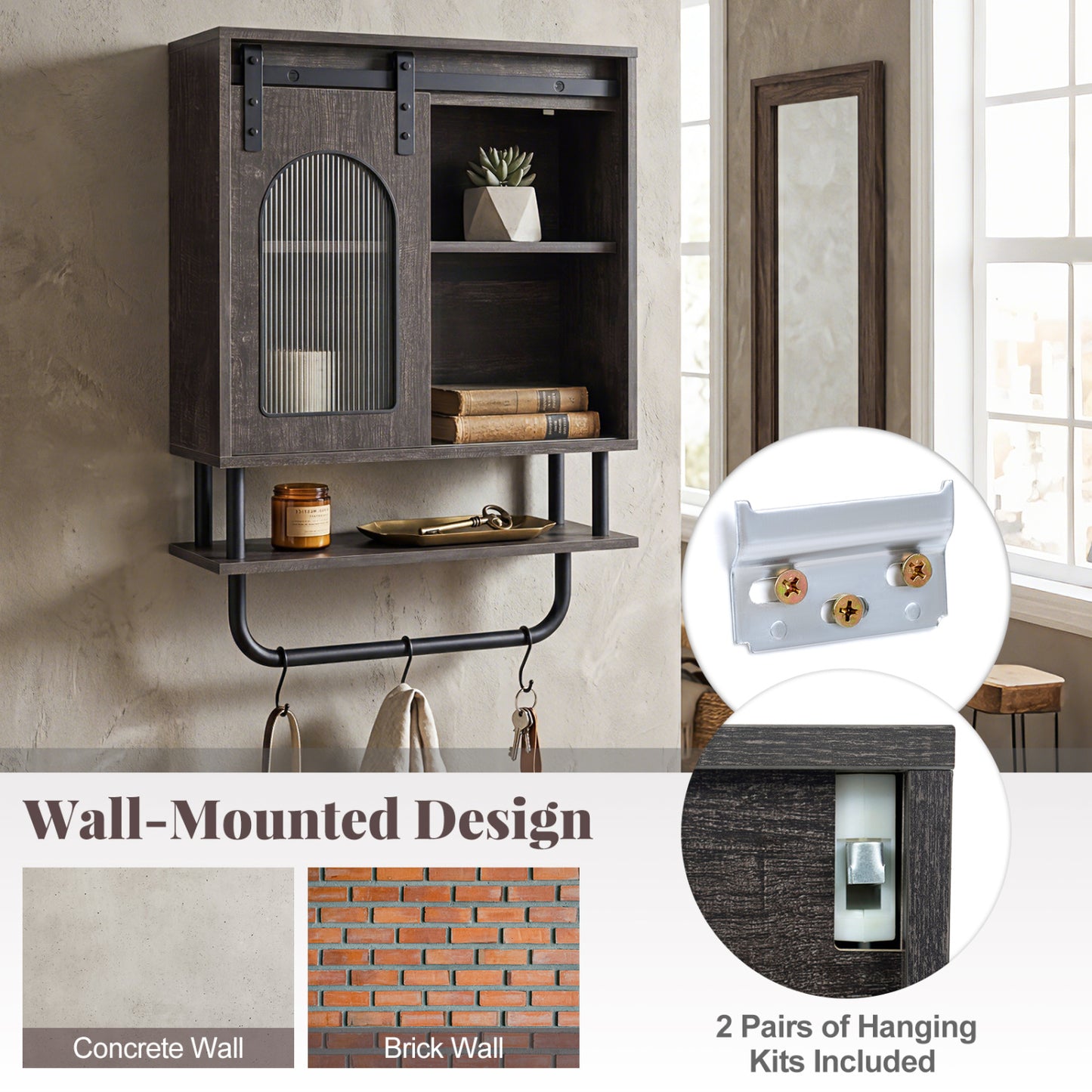 Bathroom Wall Cabinet, Sliding Barn Door, Metal Hanging Bar, 3 Hooks, Black Wall Cabinets at Gallery Canada