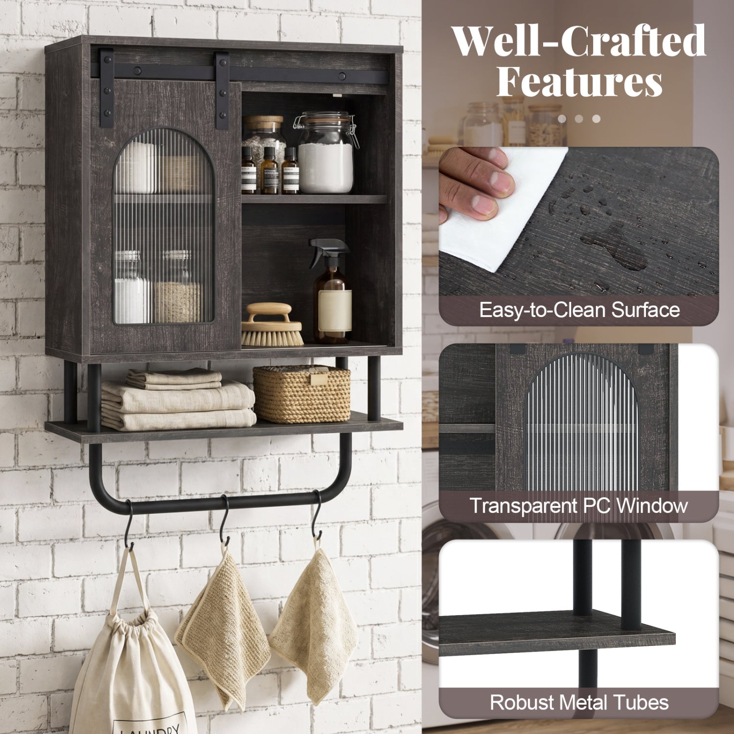 Bathroom Wall Cabinet, Sliding Barn Door, Metal Hanging Bar, 3 Hooks, Black Wall Cabinets at Gallery Canada