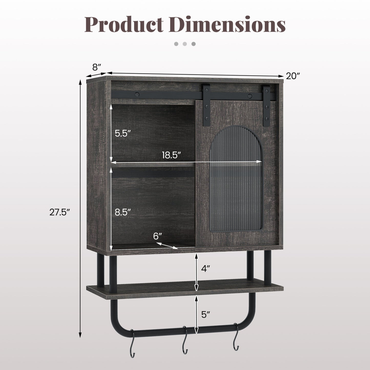Bathroom Wall Cabinet, Sliding Barn Door, Metal Hanging Bar, 3 Hooks, Black Wall Cabinets at Gallery Canada