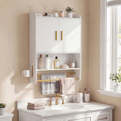 Bathroom Wall Cabinet Wall Mounted Medicine Cabinet with Towel Bars, White