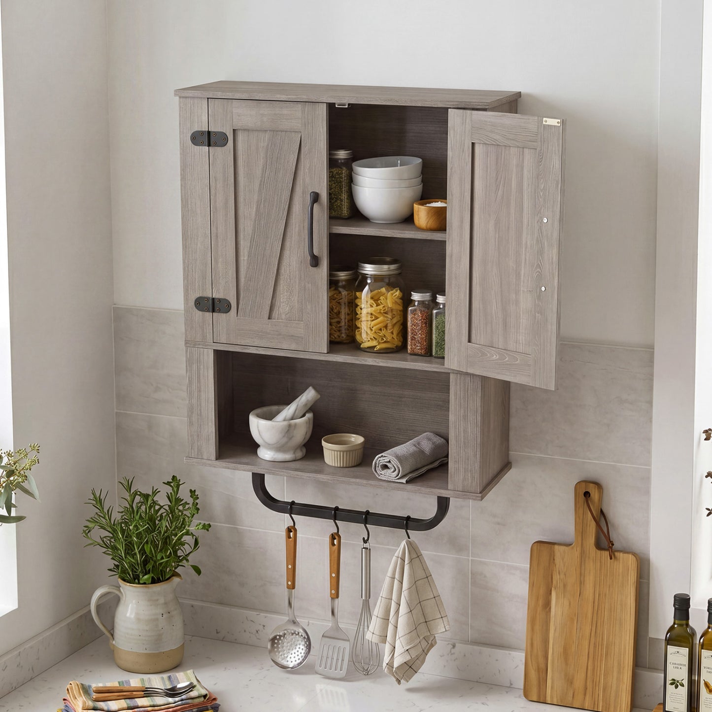 Bathroom Wall Cabinet, Barn Doors, Towel Bar, 3-Tier, Gray