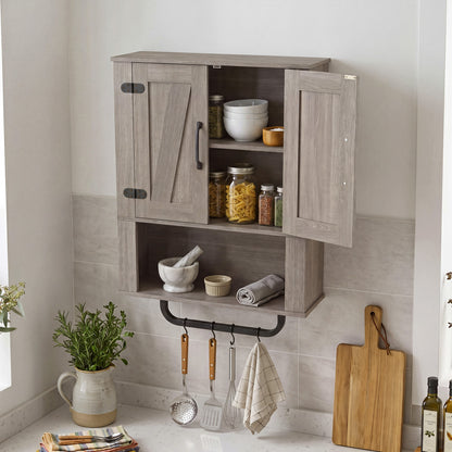 Bathroom Wall Cabinet, Barn Doors, Towel Bar, 3-Tier, Gray