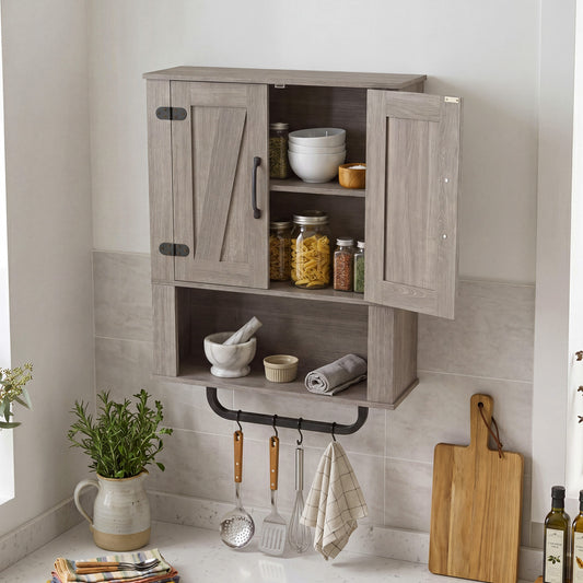 Bathroom Wall Cabinet, Barn Doors, Towel Bar, 3-Tier, Gray