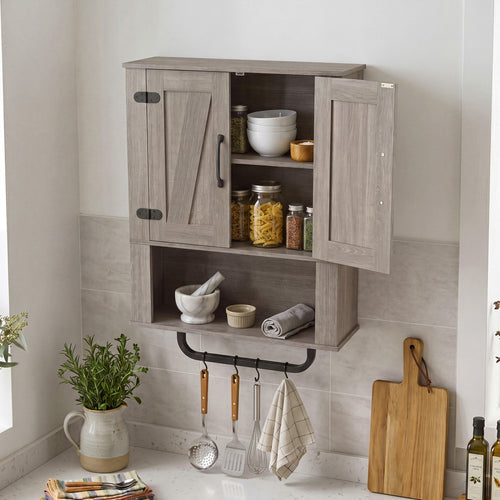 Bathroom Wall Cabinet, Barn Doors, Towel Bar, 3-Tier, Gray