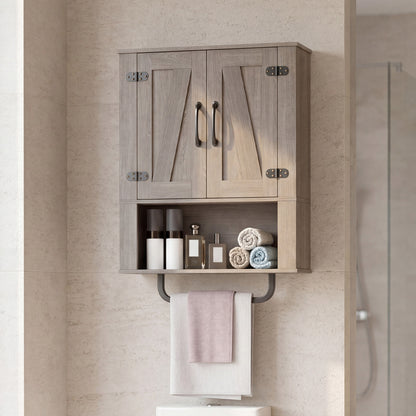 Bathroom Wall Cabinet, Barn Doors, Towel Bar, 3-Tier, Gray