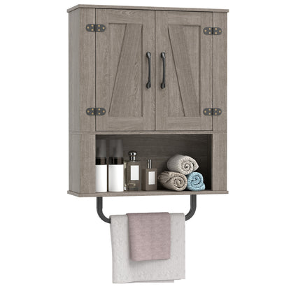 Bathroom Wall Cabinet, Barn Doors, Towel Bar, 3-Tier, Gray