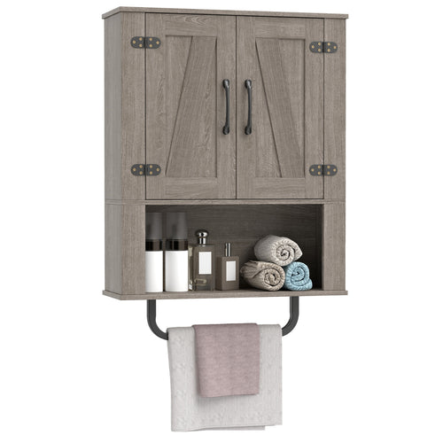 Bathroom Wall Cabinet, Barn Doors, Towel Bar, 3-Tier, Gray