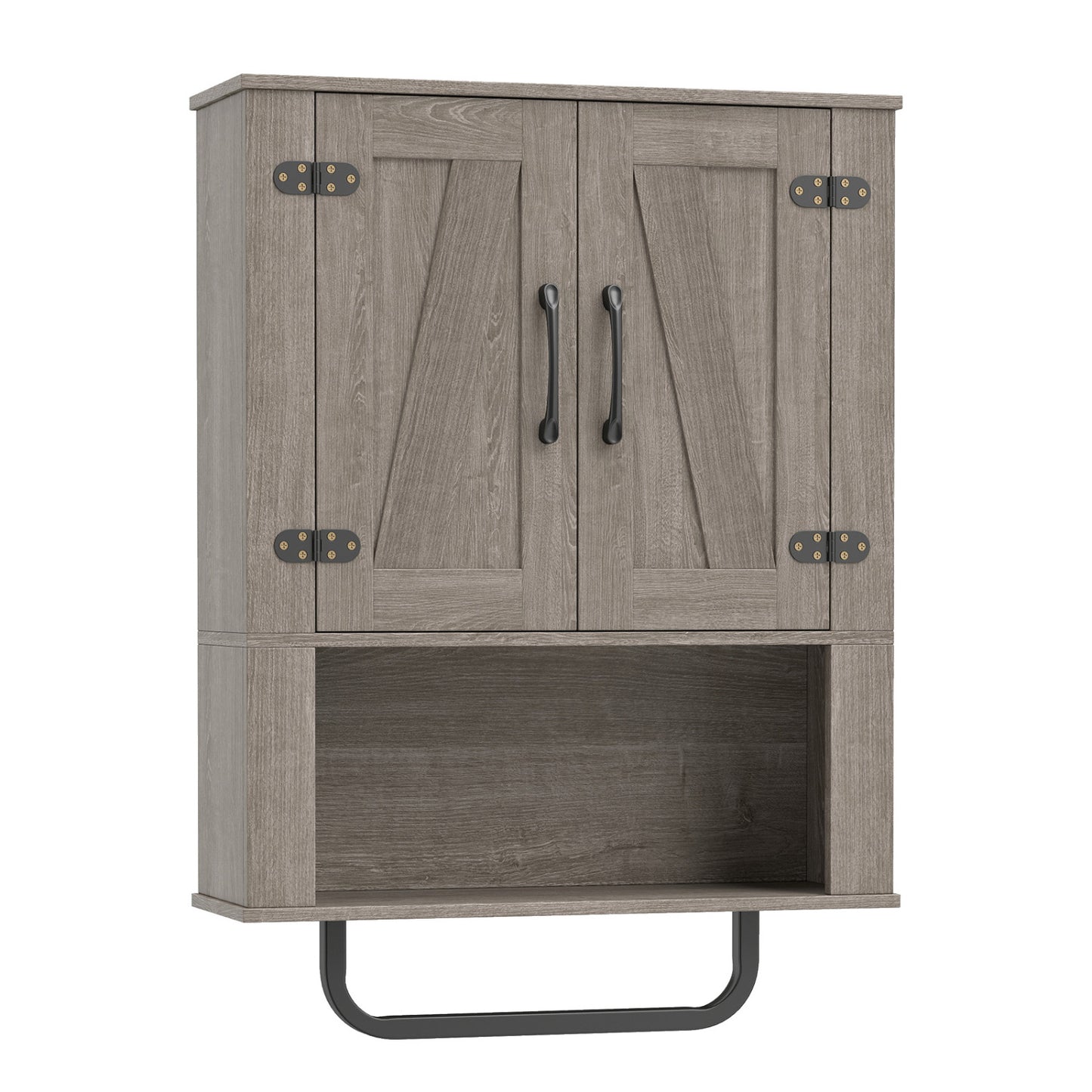 Bathroom Wall Cabinet, Barn Doors, Towel Bar, 3-Tier, Gray