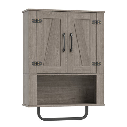 Bathroom Wall Cabinet, Barn Doors, Towel Bar, 3-Tier, Gray
