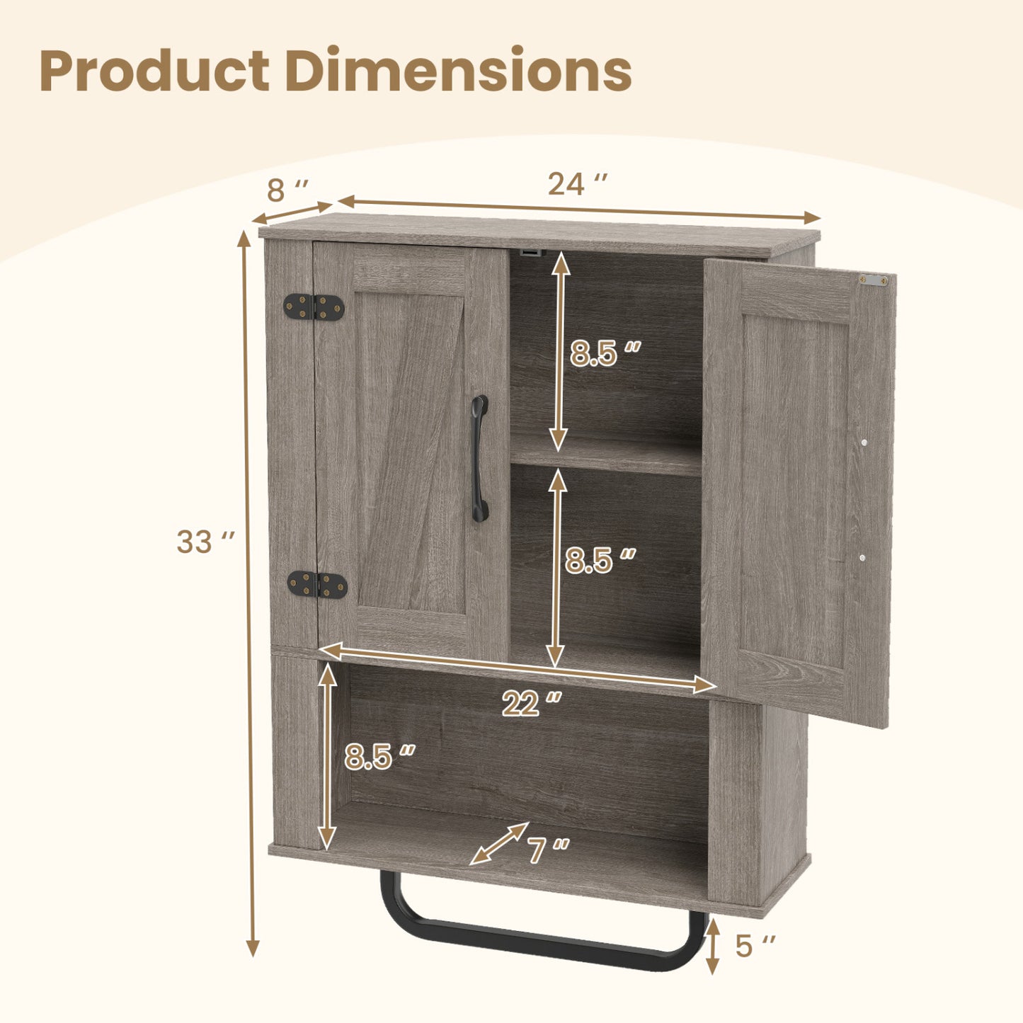 Bathroom Wall Cabinet, Barn Doors, Towel Bar, 3-Tier, Gray