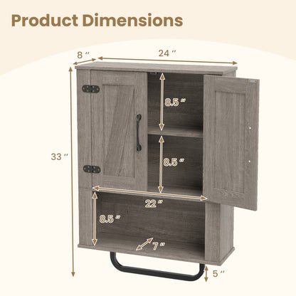 Bathroom Wall Cabinet, Barn Doors, Towel Bar, 3-Tier, Gray