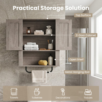Bathroom Wall Cabinet, Barn Doors, Towel Bar, 3-Tier, Gray