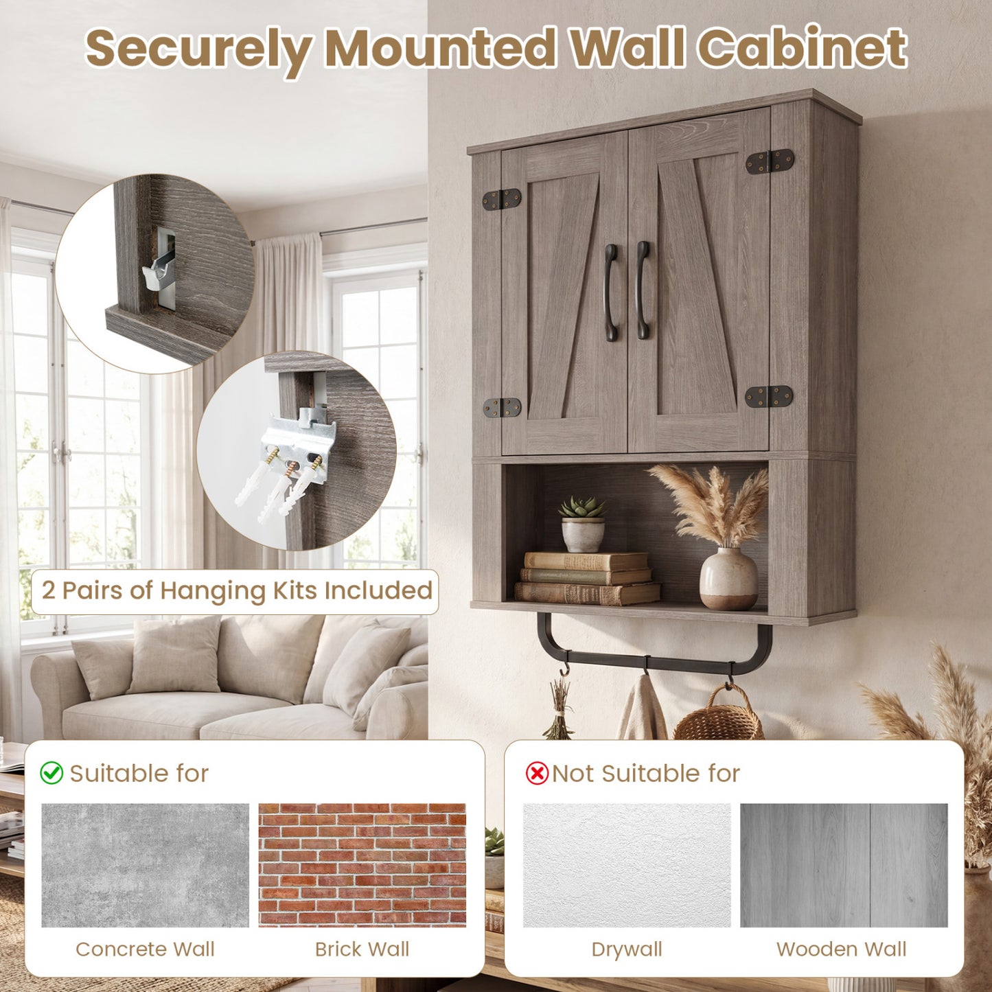 Bathroom Wall Cabinet, Barn Doors, Towel Bar, 3-Tier, Gray