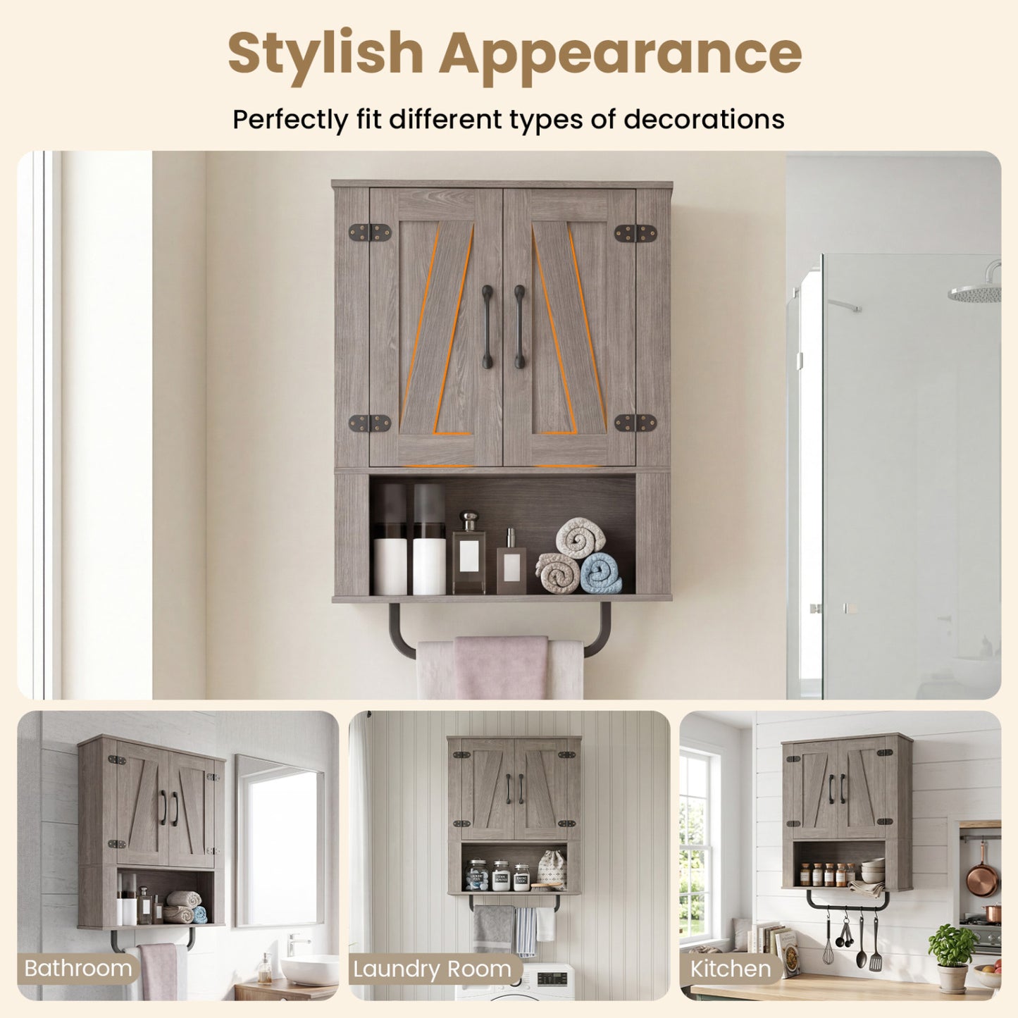 Bathroom Wall Cabinet, Barn Doors, Towel Bar, 3-Tier, Gray