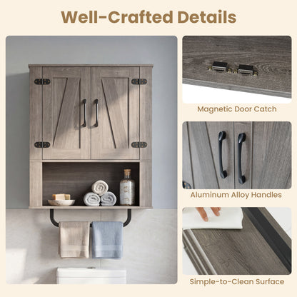 Bathroom Wall Cabinet, Barn Doors, Towel Bar, 3-Tier, Gray