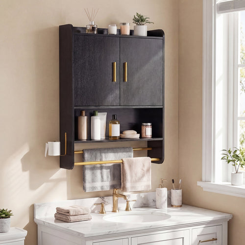 Bathroom Wall Cabinet With Towel Bars, Black