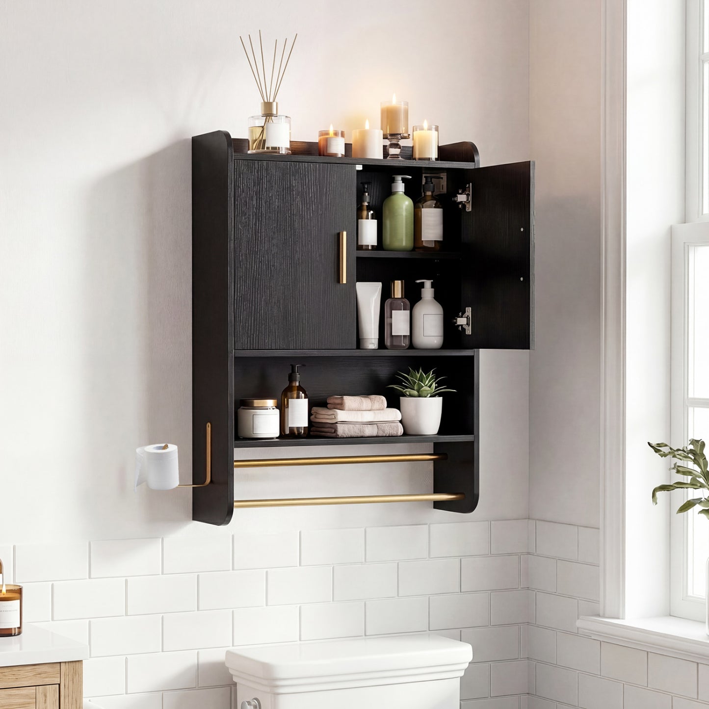 Bathroom Wall Cabinet With Towel Bars, Black