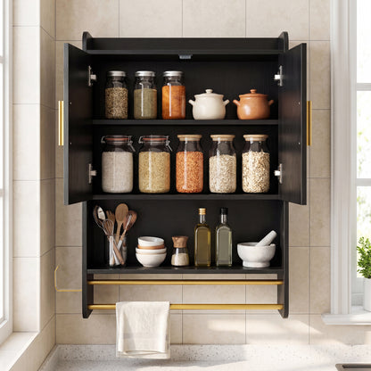 Bathroom Wall Cabinet With Towel Bars, Black