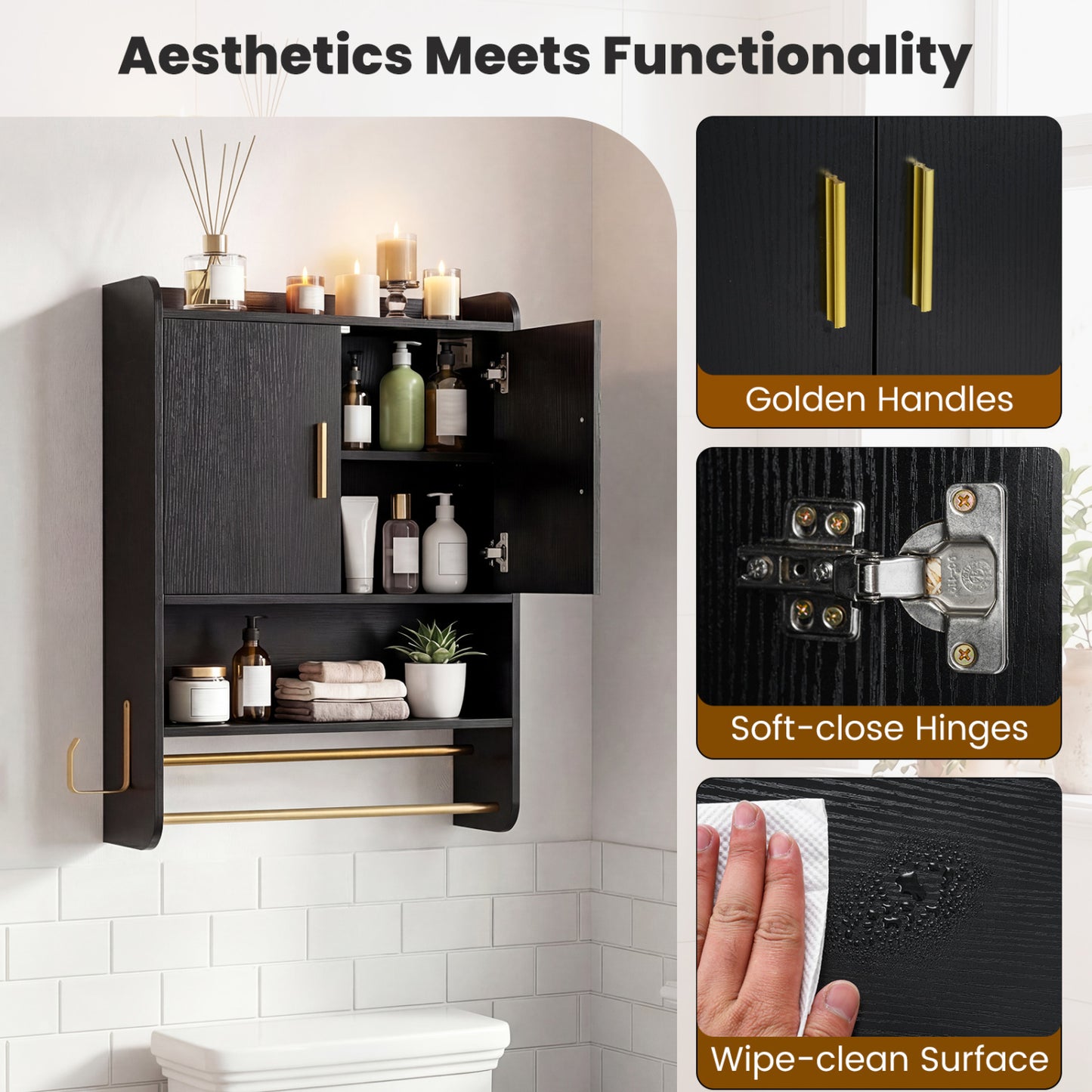 Bathroom Wall Cabinet With Towel Bars, Black