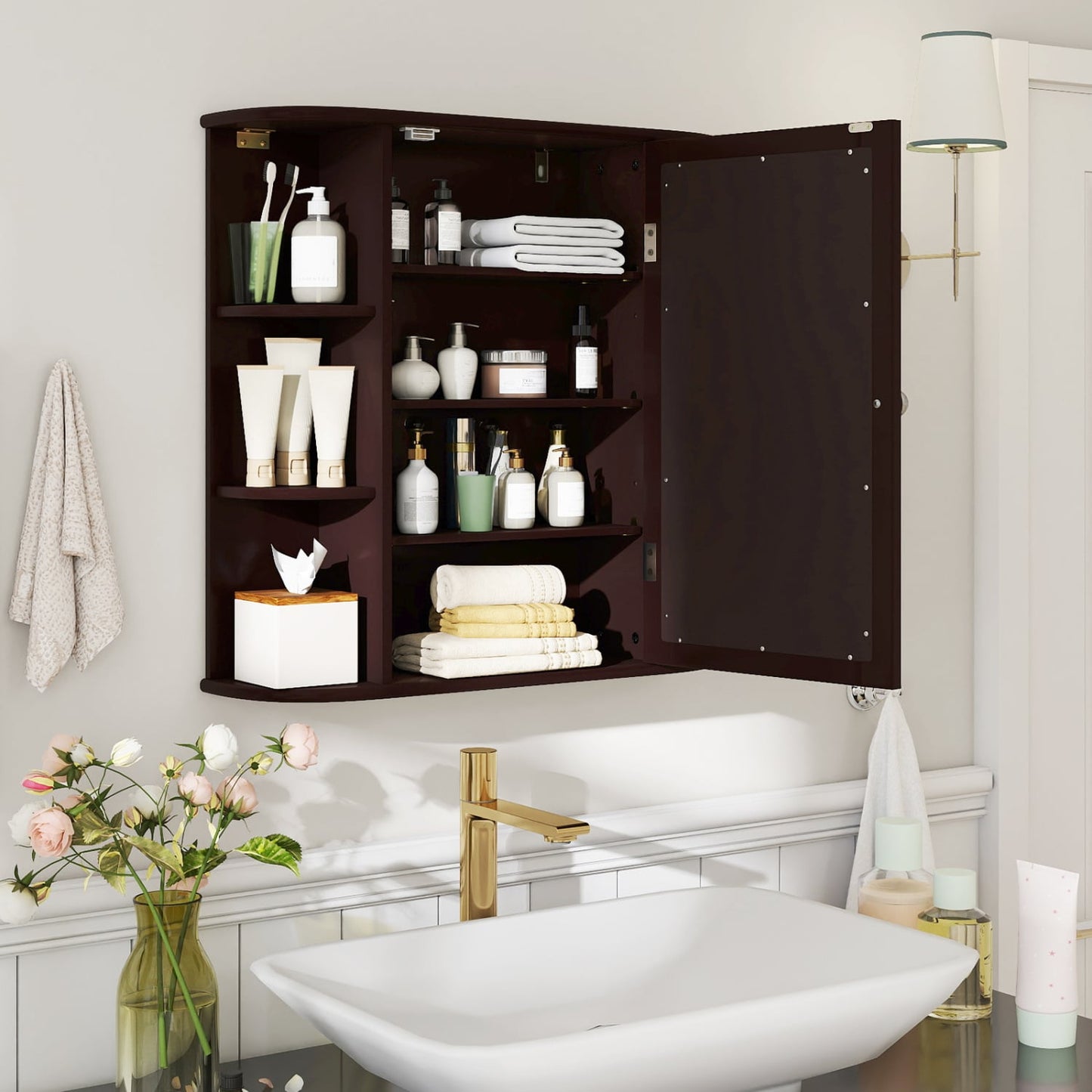 Bathroom Wall Cabinet, Mirror Door, 4 Shelves, Brown