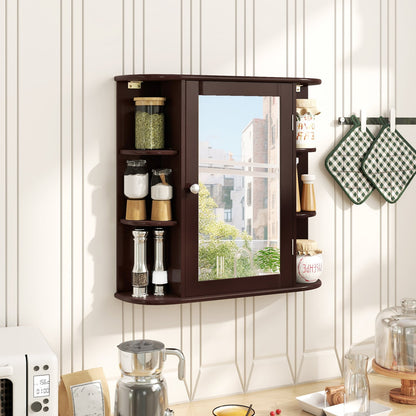 Bathroom Wall Cabinet, Mirror Door, 4 Shelves, Brown