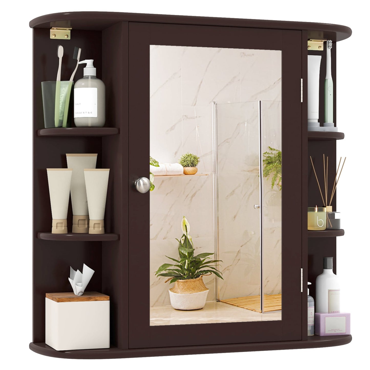 Bathroom Wall Cabinet, Mirror Door, 4 Shelves, Brown
