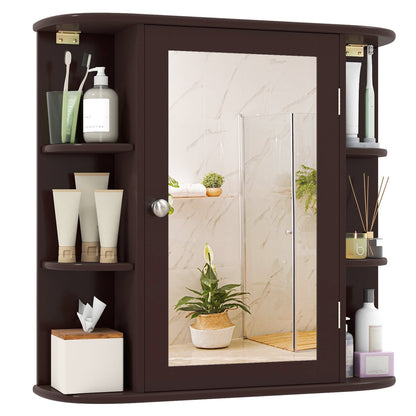 Bathroom Wall Cabinet, Mirror Door, 4 Shelves, Brown