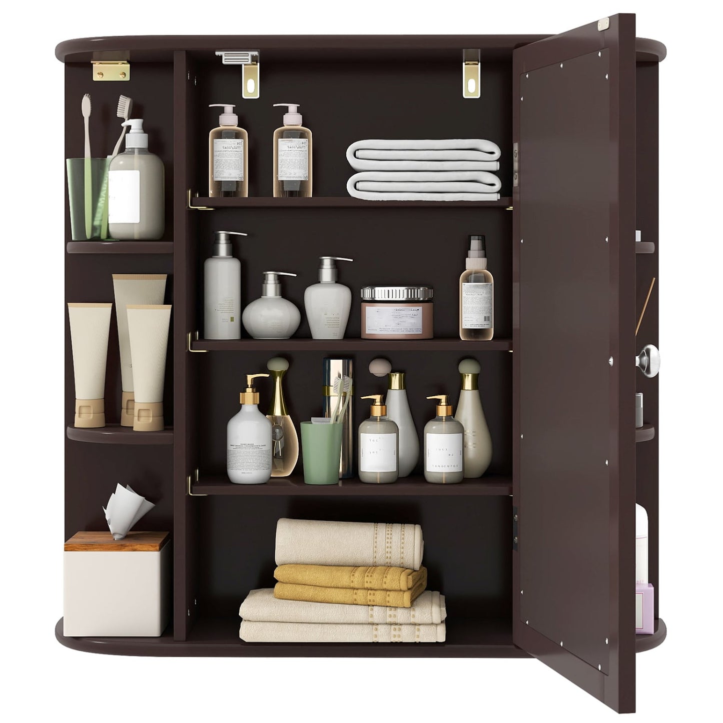 Bathroom Wall Cabinet, Mirror Door, 4 Shelves, Brown