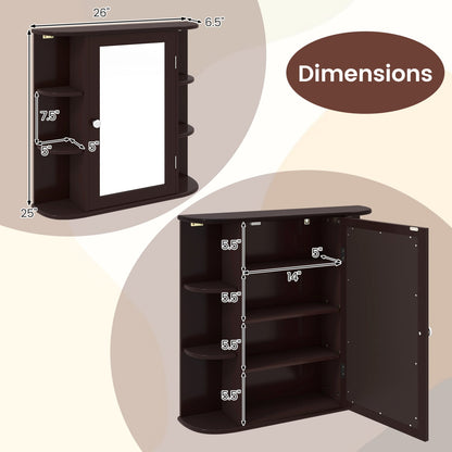 Bathroom Wall Cabinet, Mirror Door, 4 Shelves, Brown