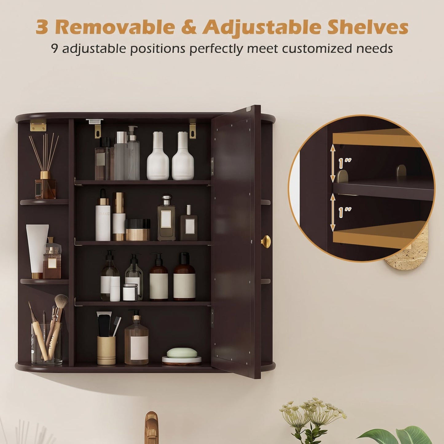 Bathroom Wall Cabinet, Mirror Door, 4 Shelves, Brown